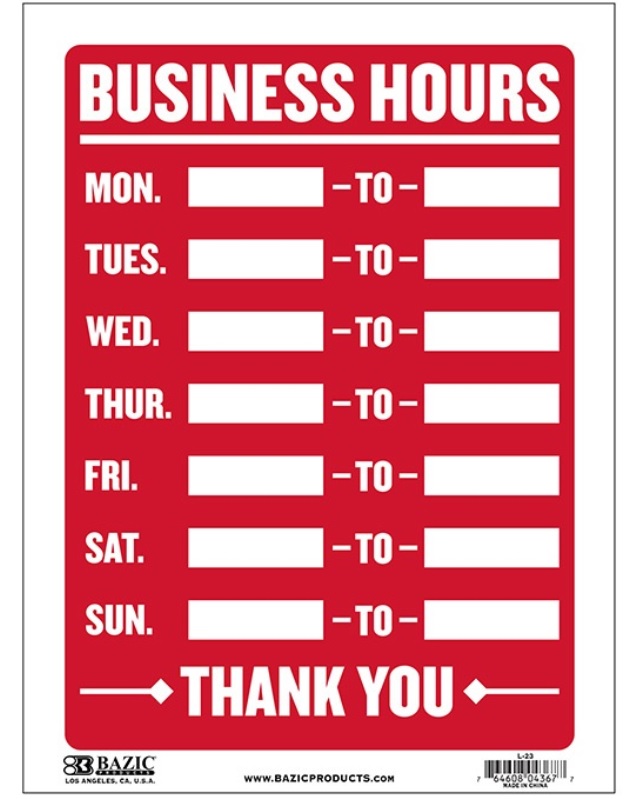 Business Hours Sign 12"x16"