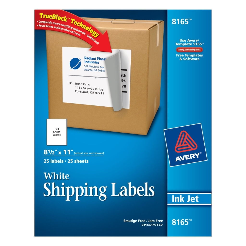 Avery 8165 White Shipping Labels 8.5" x 11" 