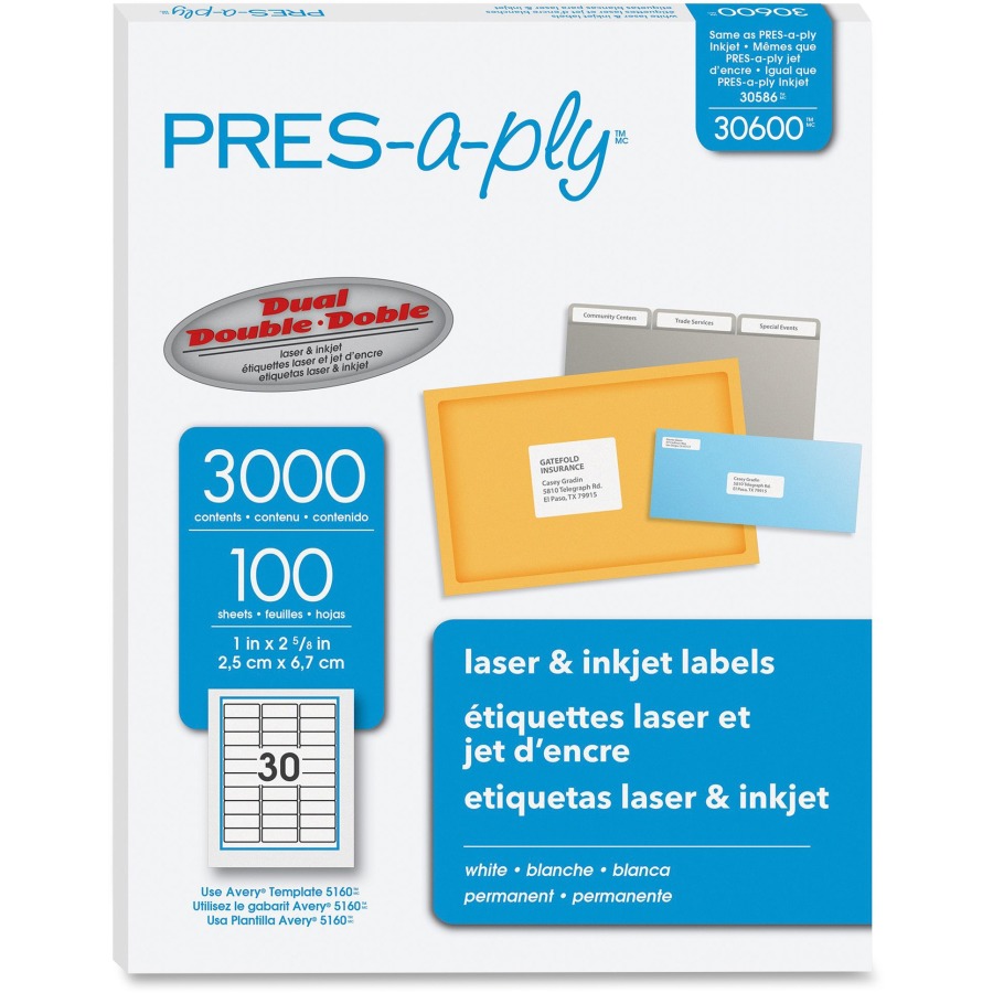Pres A Ply 30600 White Address Labels 2 5/8" x 1" 