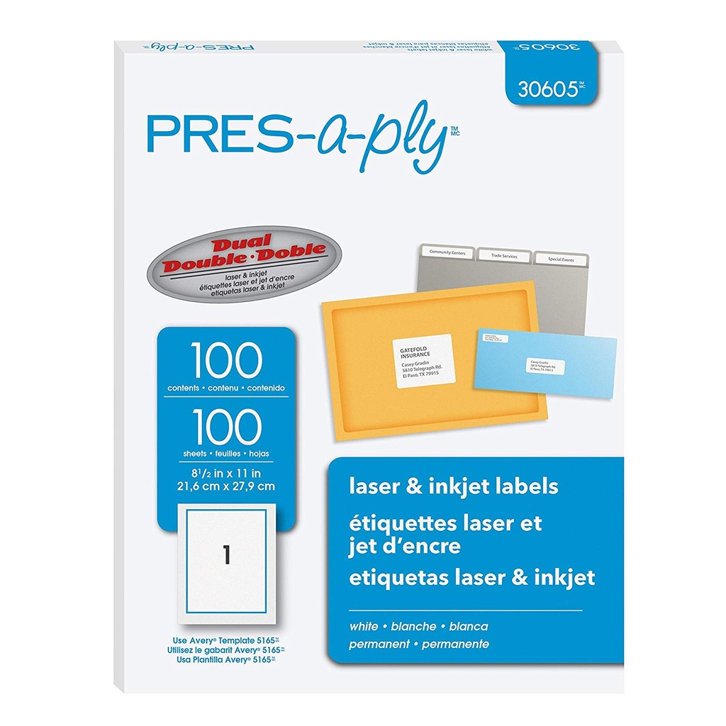 Pres A Ply 30605 White Shipping Labels 8 1/2" x 11" 