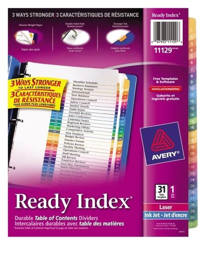 [3RBTB3011] Letter Size Index Divider - Numbered Tabs 1-31