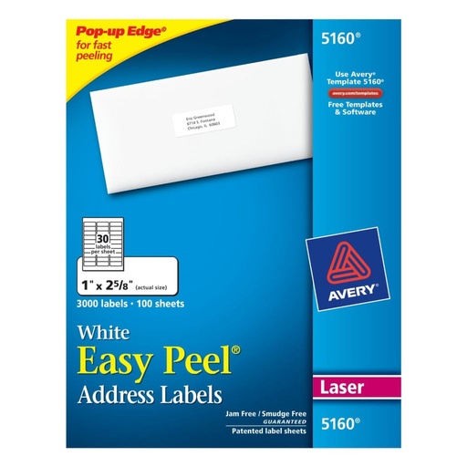 [3LTLB0003] Avery 5160 White Address Labels 1" x 2 5/8" 