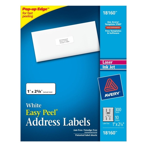 [3LTLB0020] Avery 18160 White Address Labels 1" x 2 5/8" 