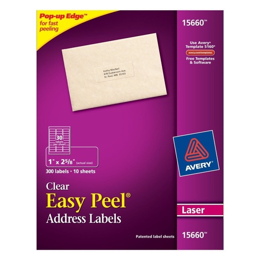 [3LTLB0024] Avery 15660 Clear Address Labels 1" x 2 5/8" 