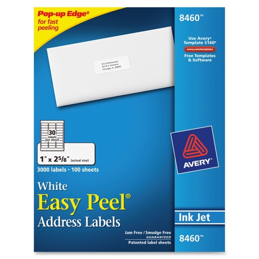 [3LTLB0046] Avery 8460 White Address Labels 1" x 2 5/8" 