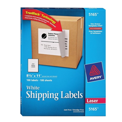 [3LTLB0058] Avery 5165 White Shipping Labels 8 1/2" x 11" 