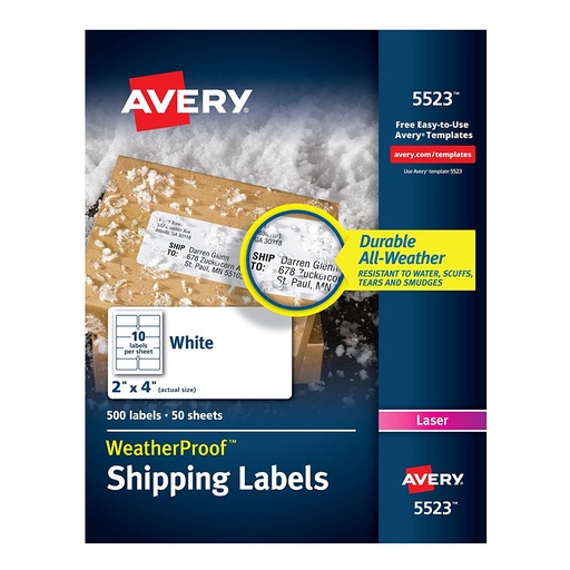 [3LTLB0099] Avery 5523  WeatherProof Shipping Labels 2" x 4" 