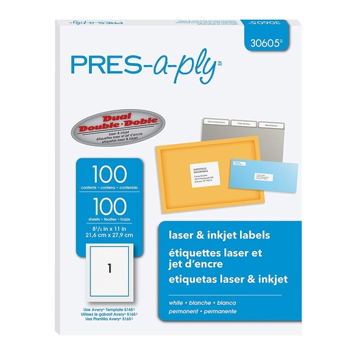 [3LTLB0115] Pres A Ply 30605 White Shipping Labels 8 1/2" x 11" 